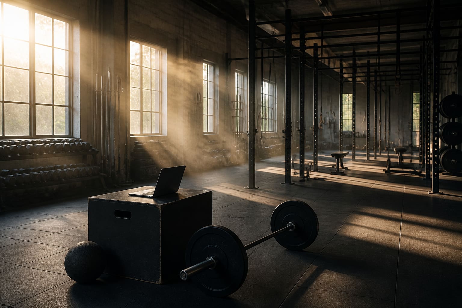 Quiet gym with a laptop used as an AI coaching desk