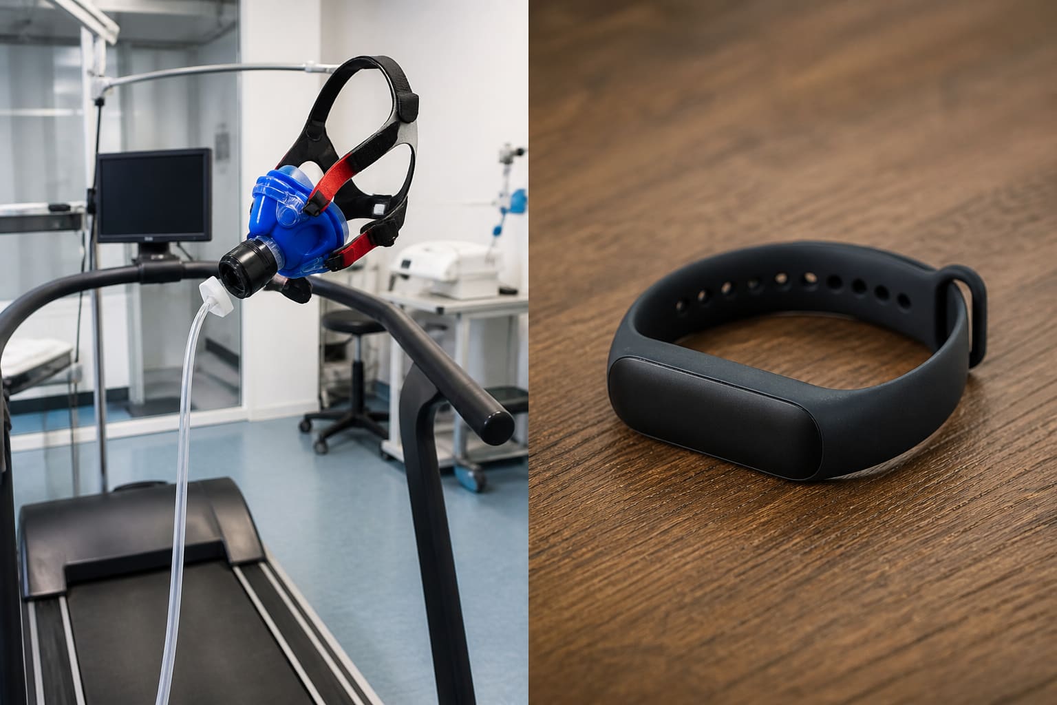 Lab testing equipment beside a simple wrist wearable